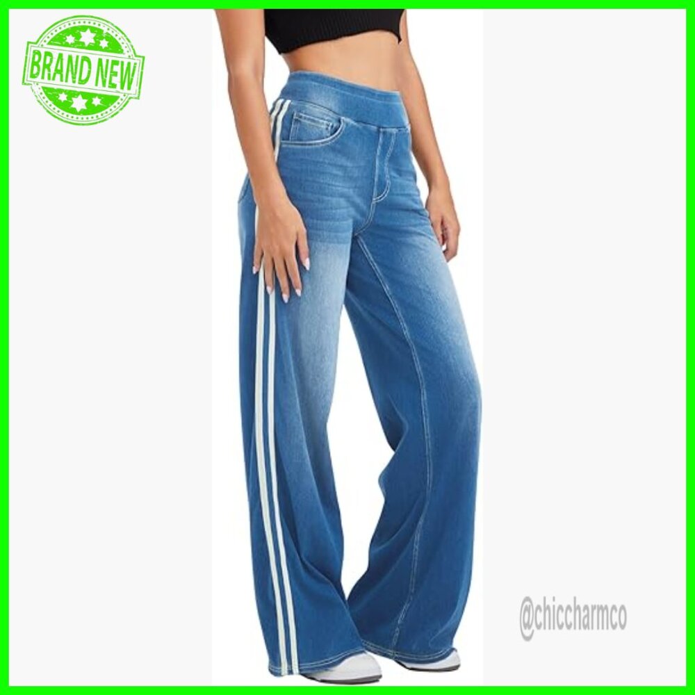High-Waisted Wide Leg Denim Pants, Elastic Straight Cut, Color Block Design
